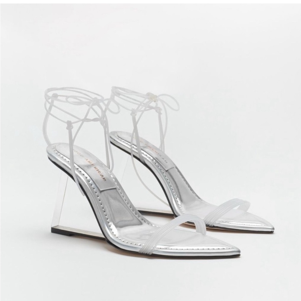 Good American Cinder-F*cking-rella Wedge Silver Clear Heels Size 11.5